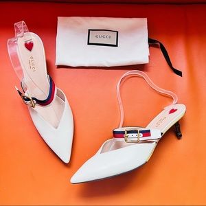 GUCCI Malaga Kid Sylvie Web Bamboo Heel Leather Mules